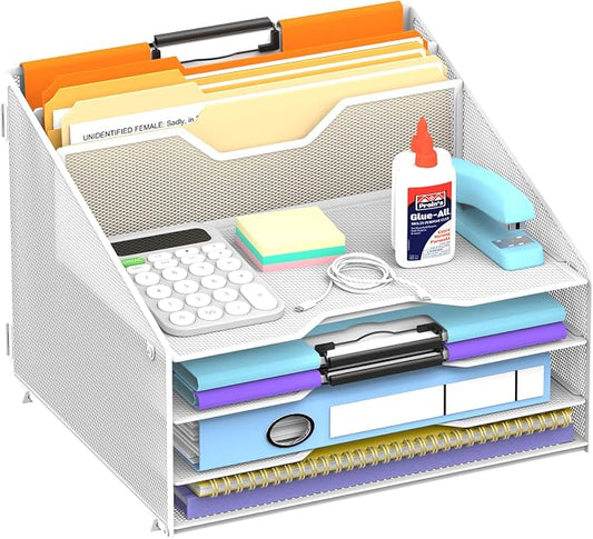 Desk File Organizer, 4 Letter Trays and 2 Upright Sections, White | Paper Organizer for Desk with Tiered Letter Trays and Vertical File Holders for Home Office, School and Workspace Use by Unknown