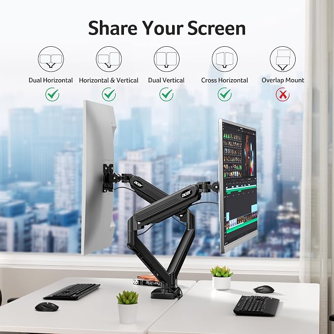 Acer Dual Monitor Arm, Computer Desk Arm with VESA Mounts for 17–32″ Screens, Fully Adjustable Gas Spring Monitor Stand, C-Clamp and Grommet Mounting Base, Fits 4.4 to 19.8lbs Computer Monitors - Image 8