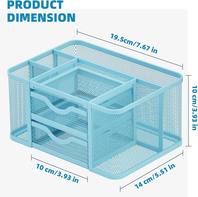 Marbrasse Mesh Desk Organizer, Pen Organizer with 2 Drawer, Multi-Functional Pencil Holder, Desk Organizers and Accessories with 5 Compartments + Drawer for Office Art Supplies (Blue) - Image 4
