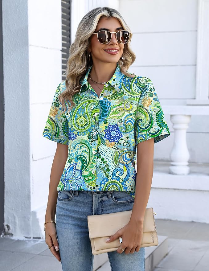 Zeagoo Button Down Shirts for Women Short Sleeve Collared Tops Dressy Casual V Neck Blouses - Image 2