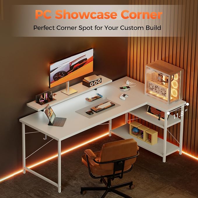 Mericonia 55 in L Shaped Gaming Desk, Large Corner Desk with Monitor Stand | Reversible Computer Desk with Power Outlets, LED Light & Storage Shelves, Office Table for Home Bedroom Study Work Writing - Image 3