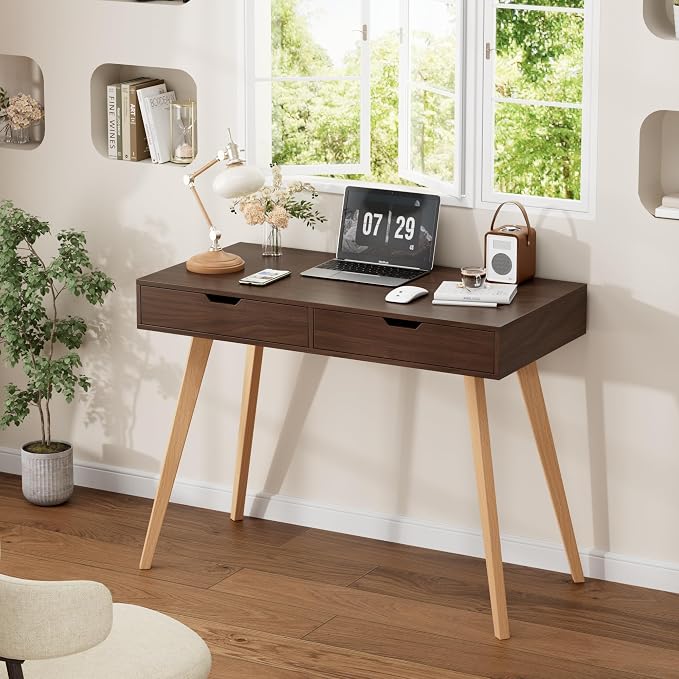 FOTOSOK White Computer Writing Desk with 2 Drawers, Small Desk Makeup Vanity Table Wood Desk with 4 Oak Legs, Modern Home Office Desk Console Study Table, Walnut - Image 2