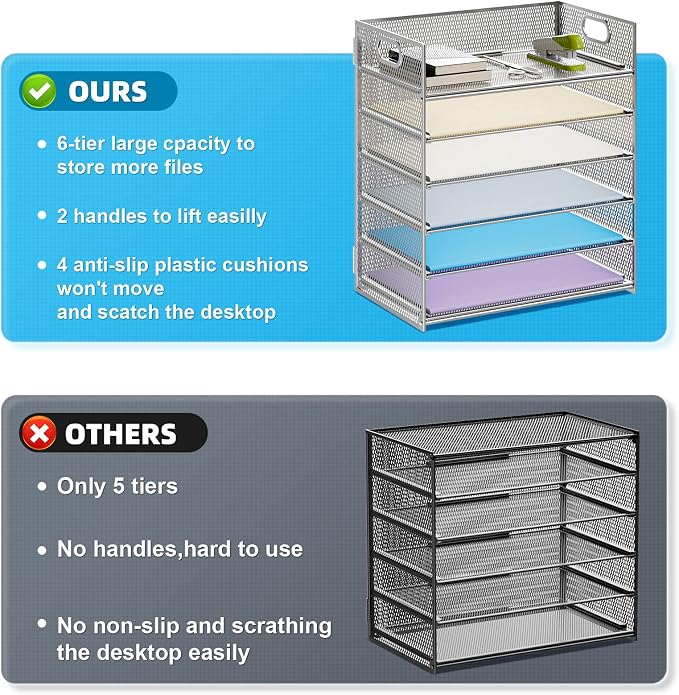 Marbrasse 2 Pack Desk Organizer with Handle, 6 Tier Paper Letter Tray, Mesh Desk File Organizer for Office, School and Home - Silver - Image 2