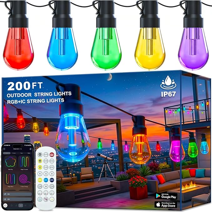 Outdoor String Lights,200FT Smart RGB+IC Patio Lights with Shatterproof LED Bulbs ,Outside Light Dimmable Patio for Decor DIY IP67 Waterproof ,Courtyard, garden,Holiday,LED lights more Scene Modes by AILBTON