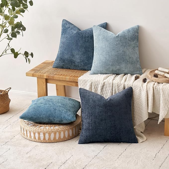 MIULEE Pack of 4 Couch Throw Pillow Covers 22x22 Inch Neutral Blue Soft Decorative Chenille Pillow Covers Farmhouse Accent Cushion Covers for Boho Western Spring Coastal Decor Sofa Bed Living Room - Image 4