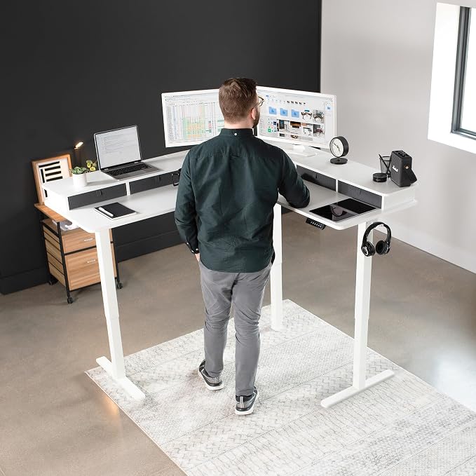 VIVO White 63 x 55 in Corner Standing Desk, DESK-E3CVW | Electric, 2-Tier, L-Shaped, Sit Stand, Height Adjustable, Memory, White Top, White Frame, Dark Gray Drawers - Image 2