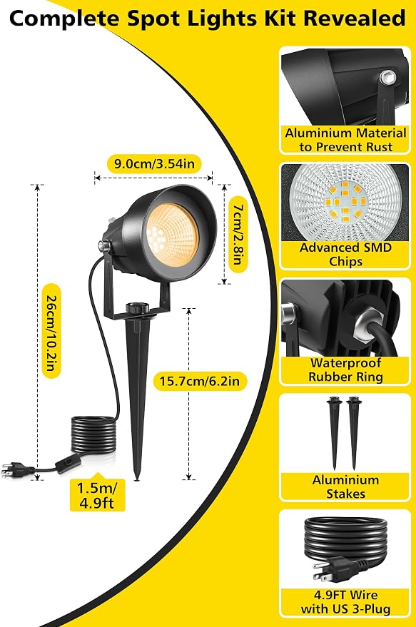 T-SUN Dusk to Dawn Outdoor Lighting, Flag Spot Lights with Photocell Auto On/Off, Waterproof 3000K Warm White LED Plug-in Landscape Spotlights for Garden Yard Tree Pathway Pole House - Image 3