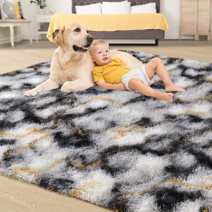 Tepook Soft Fluffy Rugs for Bedroom, 4x6 Area Rug for Living Room, Modern Shaggy Room Rug for Kids Boys Girls, Plush Throw Rugs Indoor Nursery Home Decor Rug with Non-Slip Bottom, White Black Gold - Image 4