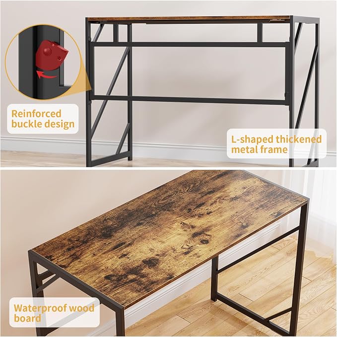 Elephance Folding Desk Writing Computer Desk for Home Office No-Assembly | Study Office Desk,Foldable Table for Small Spaces,39.4 inch,Rustic Brown - Image 5