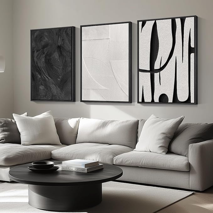 Large Framed Black and White Abstract Wall Art for Living Room, 3 Piece Canvas Prints Paintings Artwork for Walls, Modern Minimalist Pictures for Hallway Stair Office Wall Decor -Total Size 30x60 Inch - Image 8