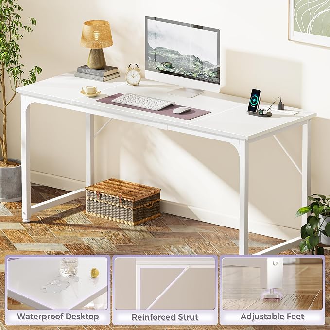 PRAISUN 63 X 24 Inch Computer Desk, Power Outlets, USB-C, White | Office Desk with 4 AC Outlets, USB & USB-C, Sturdy Metal Frame, Spacious Desktop for Work, Writing, Study & Gaming - Image 8