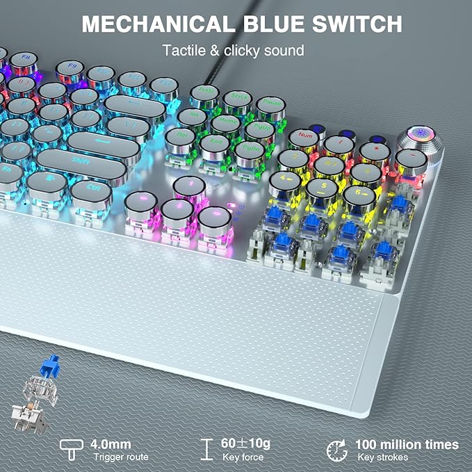 AULA F2088 Typewriter Mechanical Keyboard, White Retro Wired Gaming Keyboard with Blue Switches, Rainbow Backlit, Round Keycaps, Media Knob & Removable Wrist Rest - Image 3