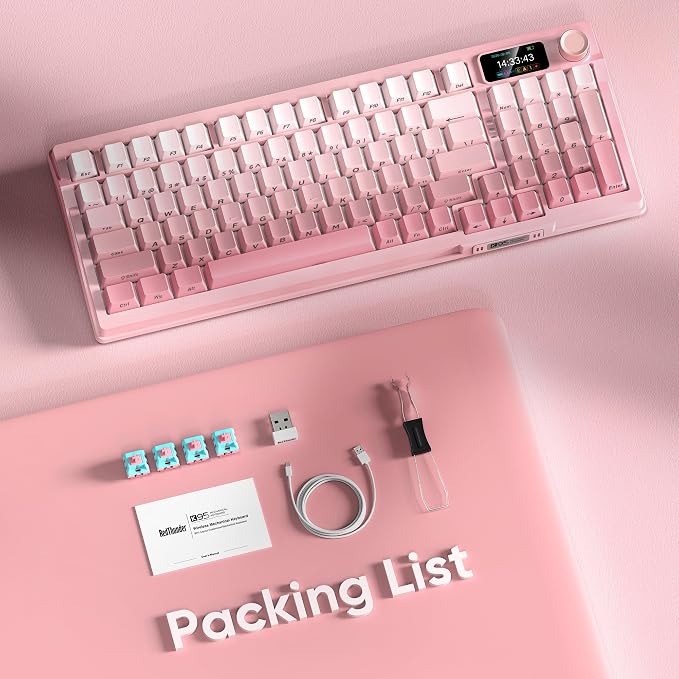 RedThunder K95 Wireless Mechanical Keyboard, TFT Screen & Knob, Triple-Mode, Custom Gasket Mount Hot-Swap, Pre-lubed Linear Pink Switches, RGB Backlit, Side-Printed PBT Keycaps, Gradient Sakura Pink - Image 9