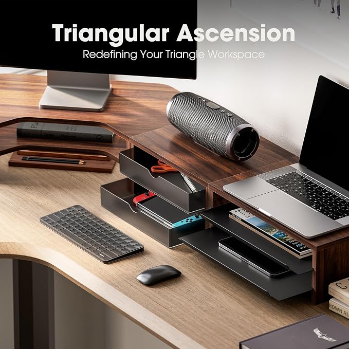Fenge Dual Monitor Stand, 2-Tier Corner Monitor Riser with Drawer and Slide-out Tray, Triangle Desktop Shelf Organizer for Laptop Computer Printer Home Office Desk, Brown - Image 5