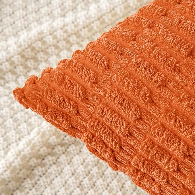 MIULEE Fall Pack of 2 Orange Corduroy Decorative Pillow Covers 18x18 Inch Soft Boho Striped Throw Pillow Covers Modern Farmhouse Home Decor for Halloween Thanksgiving Sofa Living Room Couch Bed - Image 2