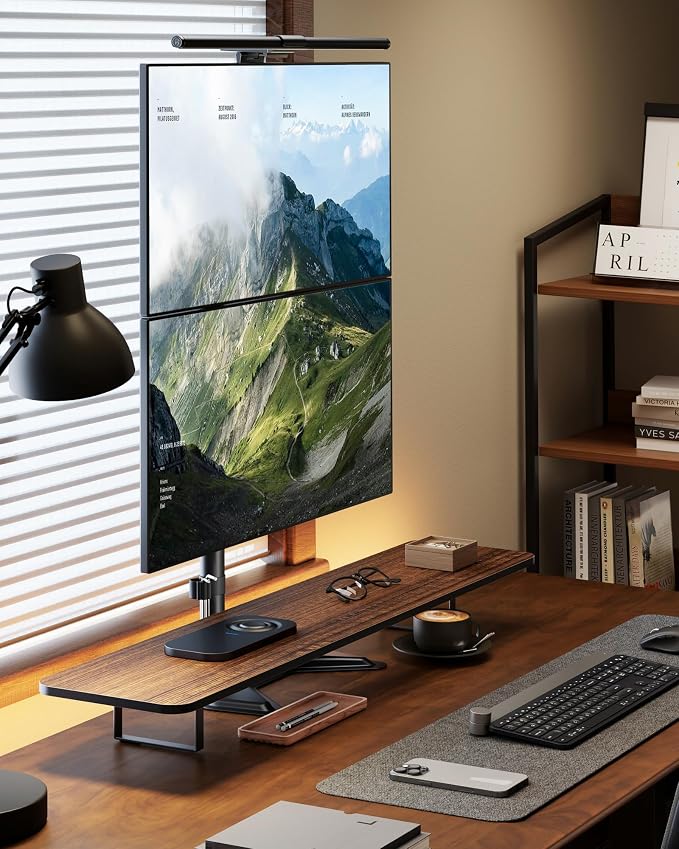 monTEK Freestanding Stacked Dual Monitor Stand for 17-32", 22 lbs Each | Solid V-shaped base, vertical dual-screen full-motion arms, height adjustment, tilt, swivel, rotation and VESA 75/100 - Image 6