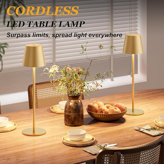 Kakanuo Cordless Table Lamp Rechargeable Gold - 4 Pack Battery Operated Lamp for Dining Table, 3 Color Stepless Dimming Wireless Lamp for Counter, Outdoor Patio, Touch Control - Image 3