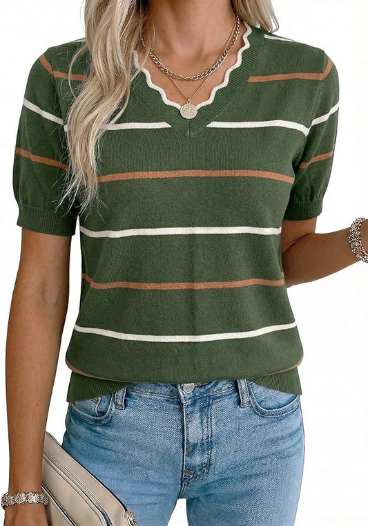 Dokotoo Womens Summer Short Sleeve Knit Tops 2026 Spring Trendy Casual V Neck Striped Sweater Blouses by Dokotoo