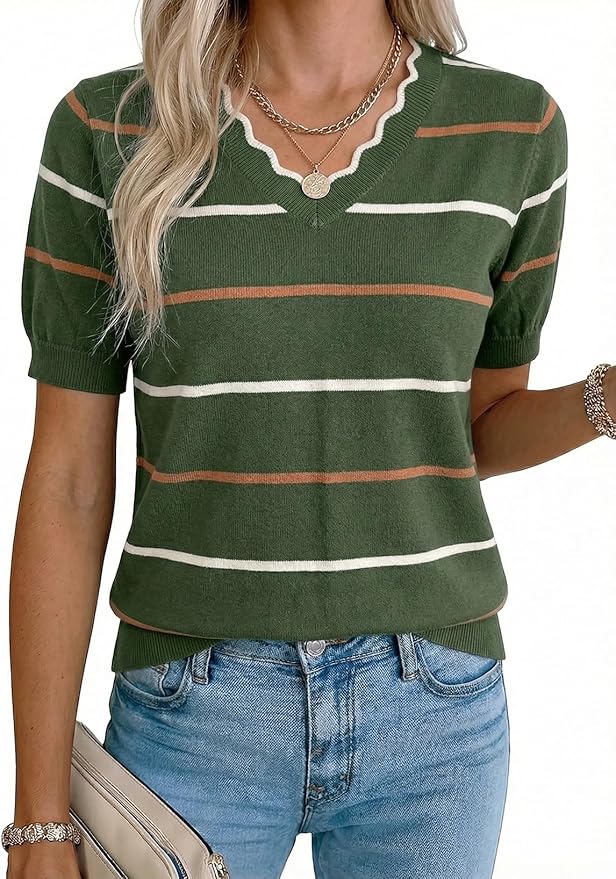 Dokotoo Womens Summer Short Sleeve Knit Tops 2026 Spring Trendy Casual V Neck Striped Sweater Blouses by Dokotoo