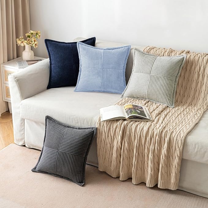 MIULEE Decorative Throw Pillow Covers for Couch Bed Livingroom 18x18 Inch Set of 2 Light Blue Boho Accent Throw Pllows Broadside Striped Patchwork Soft Corduroy Pillowcases - Image 3