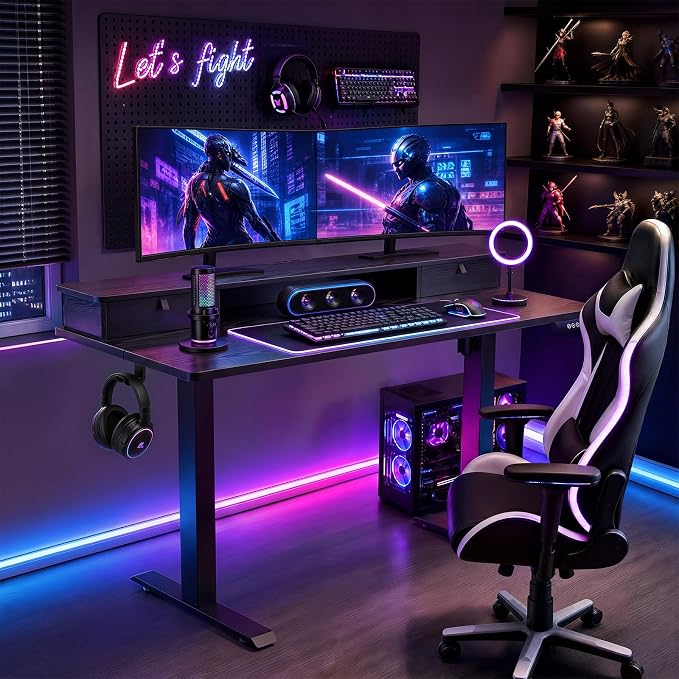 Veken 55x26 in Electric Standing Desk with Drawers, Adjustable Table, Black | Stand up Computer Desk for Home Office, Work & Study, with Storage, 3 Memory Presets, Cable Organizer, Hook, and Quiet Lift. - Image 2