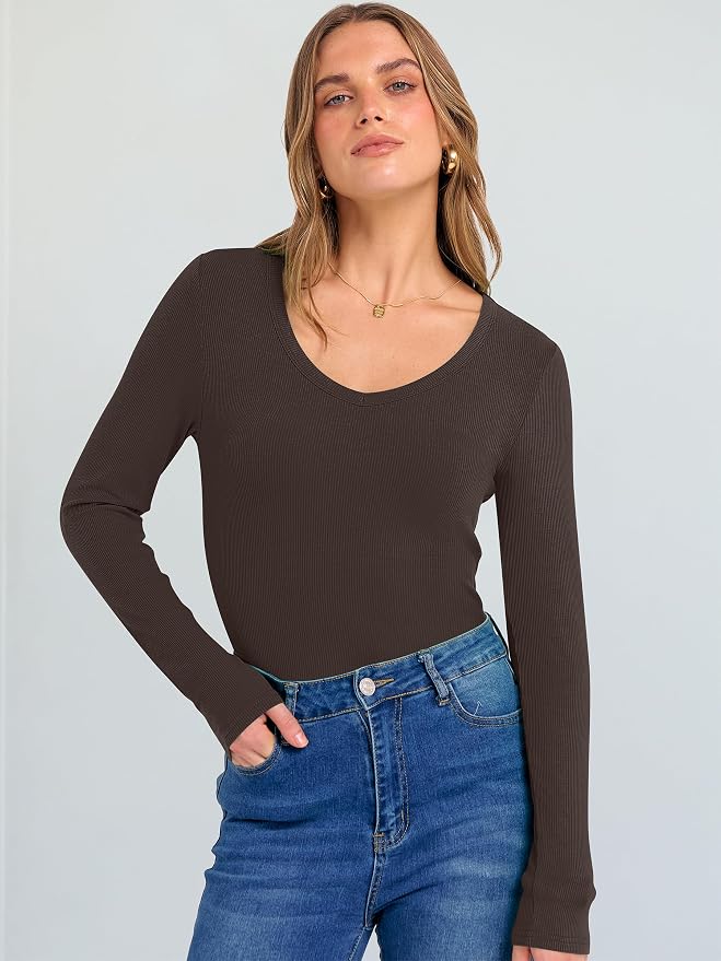 ANRABESS Long Sleeve V Neck Shirts for Women | Soft Comfy Ribbed Knit Fitted Tshirts, Casual Going Out Tops, 2026 Trendy Basic, Fall Winter Underscrub Layering Clothes - Image 2