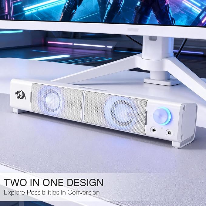 Redragon GS550 PC Gaming Speakers 2.0 Channel Stereo Enhanced Sound, White | Compact Maneuverable Size, Headphone Jack, Decent Red Backlight, Plug & Play USB Powered Desktop Computer Speaker - Image 5