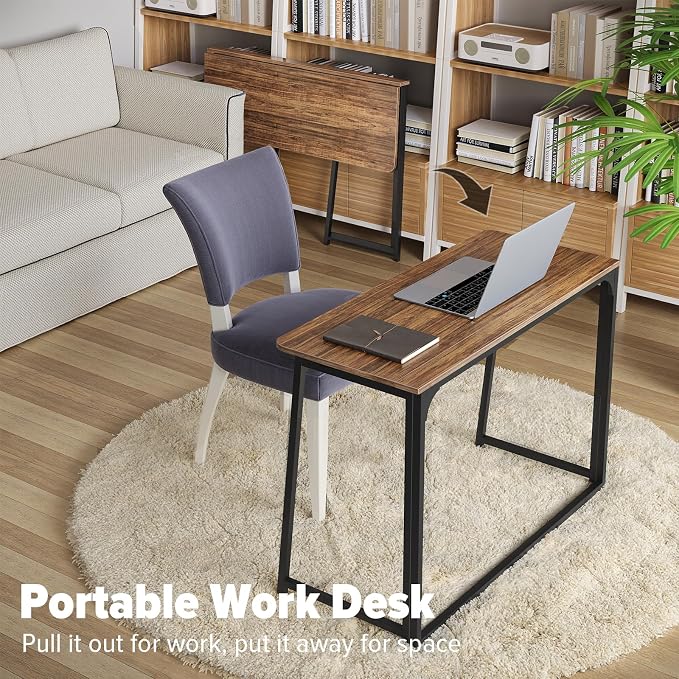 WOHOMO Folding Desk, 39.4" Foldable Computer Table for Small Spaces, Walnut | Easy Assembly and Fold, Sturdy Home office desks for Study Bedroom Dorm Space Saving Writing Work Apartment - Image 7