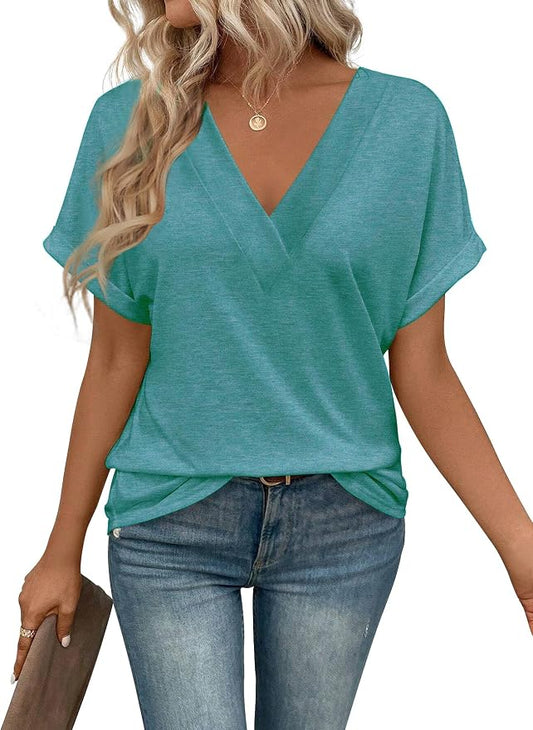 T Shirts Short Sleeve V Neck Tees Womens Tops Beach Vacation Fashion Clothes 2026 Casual Summer Spring Fall Outfits by EyMuseWomensTops
