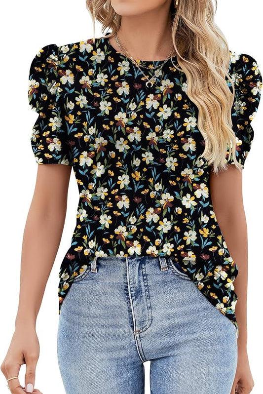 Ivicoer Puff Short Sleeve Shirt for Women Eyelet Tops Summer Crewneck Blouse Loose Fit S-XXL by Ivicoer