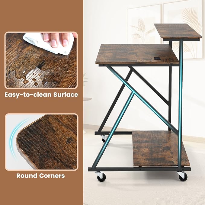 Giantex Rolling Computer Desk with Charging Station, Mobile Portable Laptop Desk with Monitor Stand & Storage Shelf, Small Desk with Lockable Wheels for Small Spaces, Home Office (Rustic Brown) - Image 8