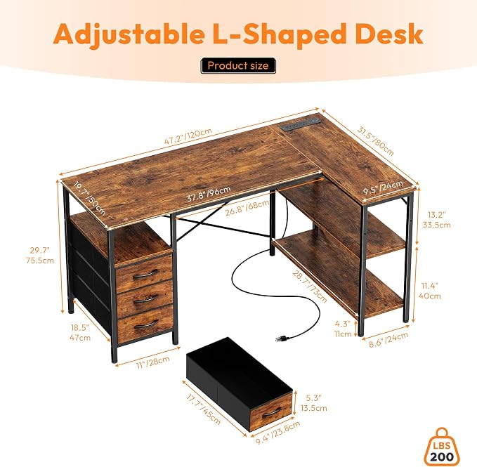Alpen L Shaped Computer Desk, 47 Inch Corner Desk with Drawers and Power Outlets, Home Office Desk for Gaming, Study Writing PC Table with Storage and Reversible Shelf, Rustic Brown - Image 3