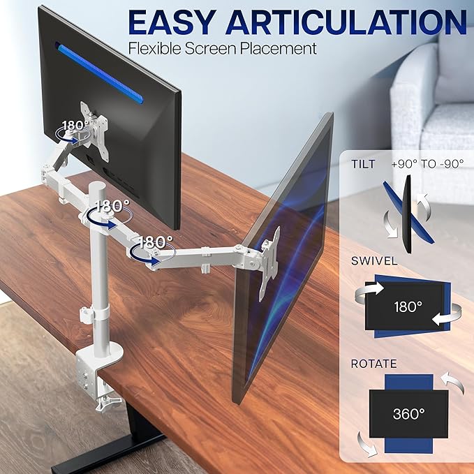 VIVO Dual Monitor Desk Mount for 13 to 30 inch Screens, STAND-V002W | White, Articulating, Adjustable Monitor Arm, Grommet or C-Clamp Mounting, Computer Stand for 2 Monitors, Holds 22 lbs Each - Image 3