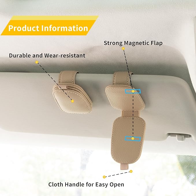 Yuoyar Magnetic Leather Sunglasses Holder for Car, 2 Packs (Beige) | Magnetic Car Visor Accessories - Image 4