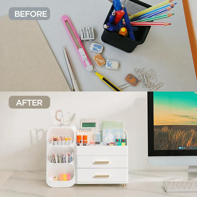 HBlife Desk Organizer with Pen Pencil Holder for Desk, Pen Organizer with 2 Drawers, Desk Organizers and Accessories with 4 Compartments, Desktop Storage for Office Home School Art Supplies, All White - Image 6