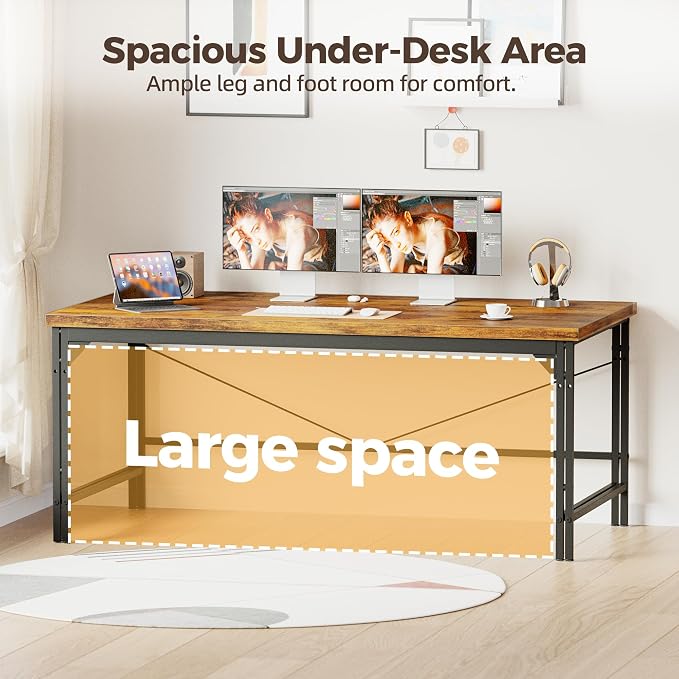 Mericonia 54 Inch Computer Desk, 1" Thick Large Office Table, Brown | Modern Simple Style, Heavy Duty Industrial Frame, Study & Writing Table for Home Bedroom Work - Image 6