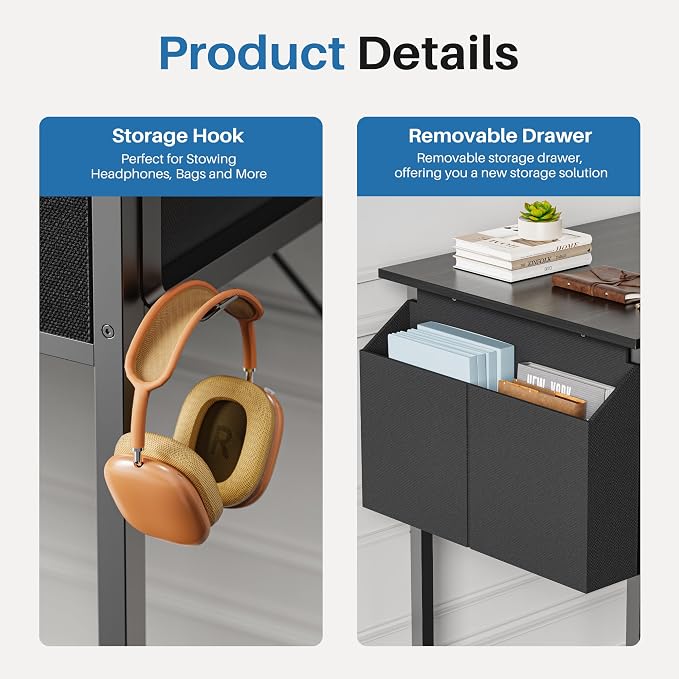 OLIXIS 32 Inch Small Desk, Gaming Computer Desk, Side Bag | Fabric Drawers, Headphone Hook, Home Office, Work Table, Writing Study, Bedroom, Black - Image 4