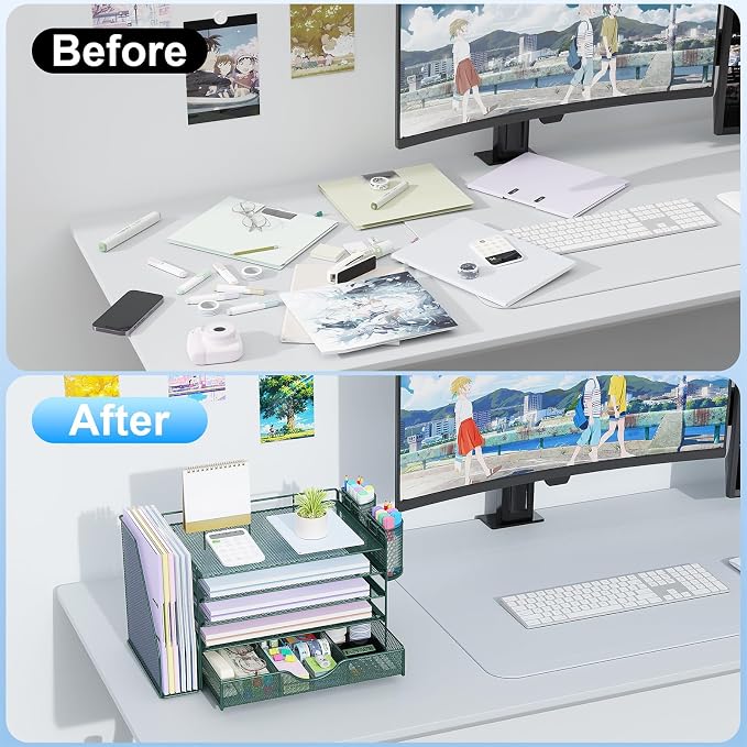 gianotter 5-Tier Desk Organizer with Drawers and File Holders | Letter Trays and Pen Holders - Workspace Accessories for Office Supplies (Green) - Image 2