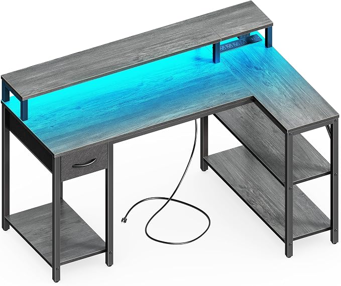 SUPERJARE 47 inch Reversible L Shaped Desk with LED Lights & Power Outlets, Computer Desk with Shelves & Monitor Stand, Gaming Desk with Drawer, Home Office Desk Corner Desk, Grey by SUPERJARE