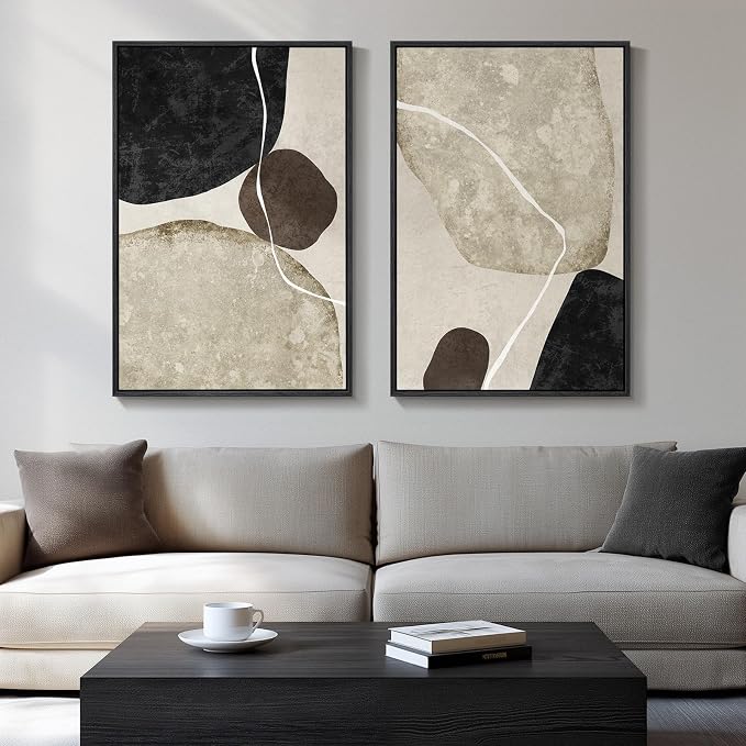 Large Framed Neutral Abstract Wall Art Set of 2, Modern Black Beige Brown Canvas Prints Paintings Artwork for Walls, Minimalist Stone Shape Pictures for Living Room Dining Bedroom Wall Decor 24x36 In by Cuspin