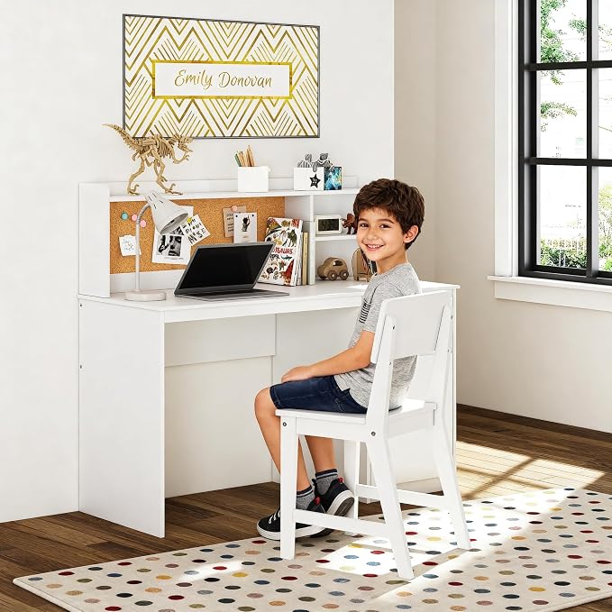 UTEX Wooden Kids Desk and Chair Set with Hutch and Storage for Ages 5-12 | Kids Study Table with Cork Bulletin Board, School Desk, Multi-Zone Storage, Water-based Paint Finish for Study Room - Image 9