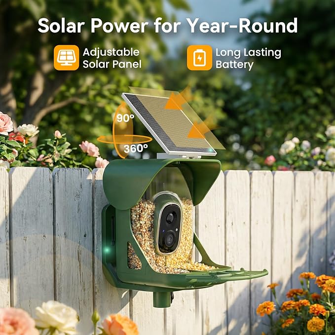 Smart Bird Feeder with Camera, AI Identify Birds Species, 2K HD Color Night Vision, IP65 Waterproof Solar Powered Bird Feeder with 142° Wide Angle, Auto Capture & Real-Time Notifications, Ideal Gift - Image 6
