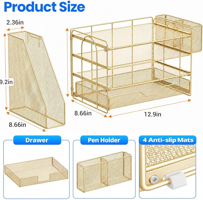 OPNICE Desk Organizers and Accessories, 4-Tier Desktop File Organizer with Drawer and Pen Holders, Office Desk Accessories Workspace Organizers for Office Supplies (Gold) - Image 4
