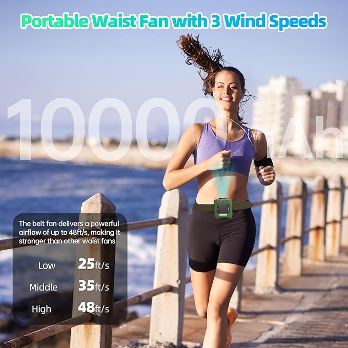 Waist Fan, 10000mAh Rechargeable Belt Clip Fan, 24H Runtime, 49ft/s Strong Airflow, 3-Speed 7-in-1 Hands-Free Personal Fan with Bottom Air Intake and LED SOS Light for Jobsite Outdoor Work - Image 2