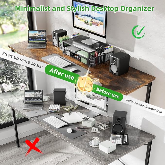 Simple Trending 2-Tier Metal Monitor Stand with Drawer & Pen Holder, Black | 20"W x 10"D x 5.8"H. Metal mesh cooling prevents overheating. 2-tier + drawer + pen holders. Non-slip. Fits laptop & monitor. - Image 9
