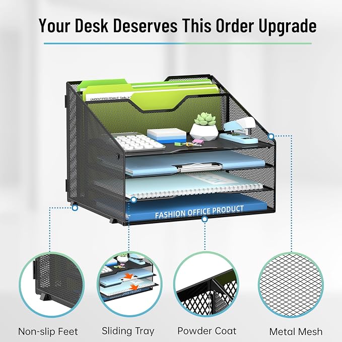Desk File Organizer with 4 Letter Trays and 2 Vertical File Holders, Black | Metal Mesh Paper Letter Tray Organizer for Documents Folders Mail, Desk Organizers and Accessories for Home Office - Image 5