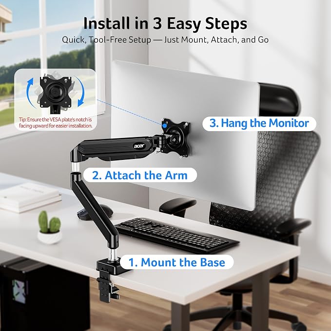 Acer Single Monitor Mount, Fully Adjustable Monitor Arm Fits 17 to 34 Inch Screens, Gas Spring VESA Mount with C-Clamp & Grommet Base, Computer Desk Arm with Tilt Swivel Rotate Supports 4.4-19.8 lbs - Image 6