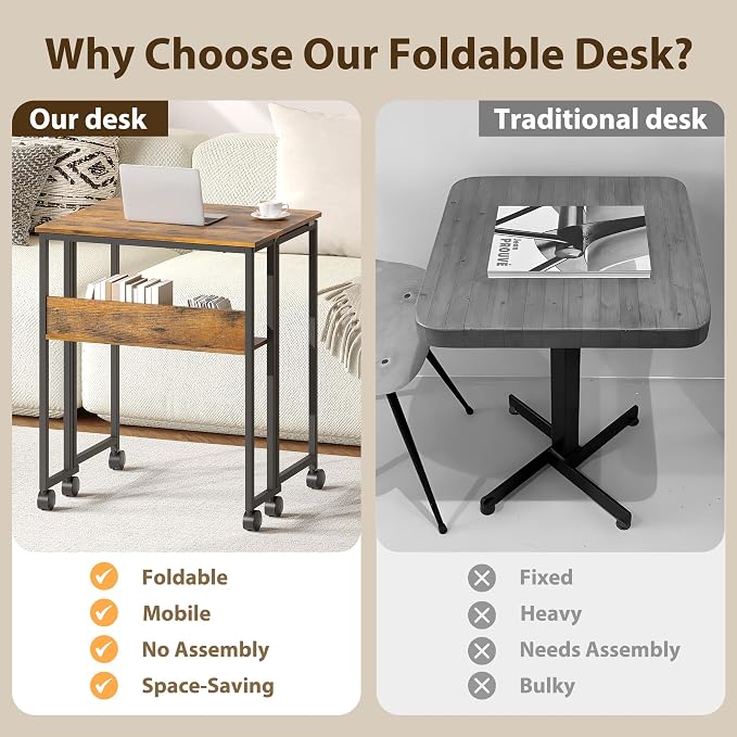 Folding Desk Small Rolling Desk with Storage Shelf,24.8 Inch Foldable Computer Table with Wheels,Portable Office Desk for Small Space Sofa Table,Easy to Fold,Writing Work Office Computer Desk,Walnut - Image 6