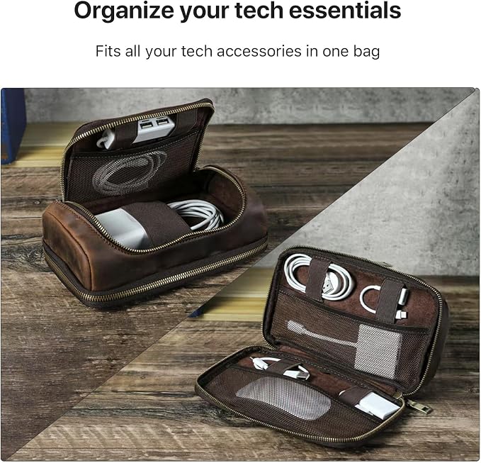 Hiram Handmade Crazy Horse Leather Electronic Organizer Travel Case Charger Organizer Travel Case Coffee - Image 3