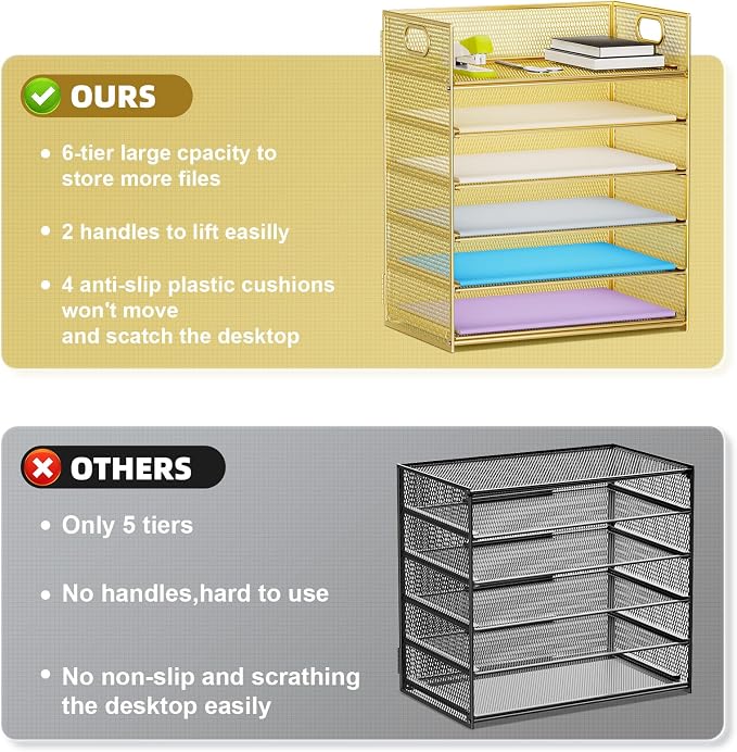 Marbrasse 2 Pack Desk Organizer with Handle, 6 Tier Paper Letter Tray, Mesh Desk File Organizer for Office, School and Home - Gold - Image 2